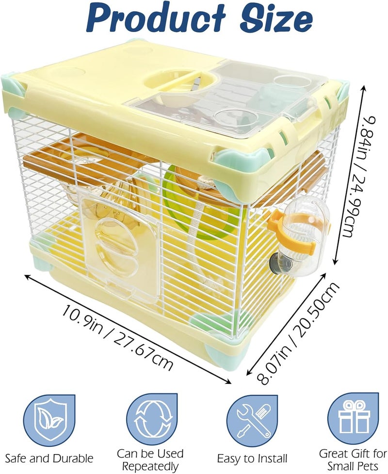 Hamiledyi قفص هامستر محمول بطبقتين موطن هامستر قزم 10.90"L*8.07"W*9.84"H قفص سفر للحيوانات الصغيرة مع عجلة تمرين قفص هامستر لقوارض الهامستر والفئران والجرذان والحيوانات الأليفة الصغيرة - Image 2